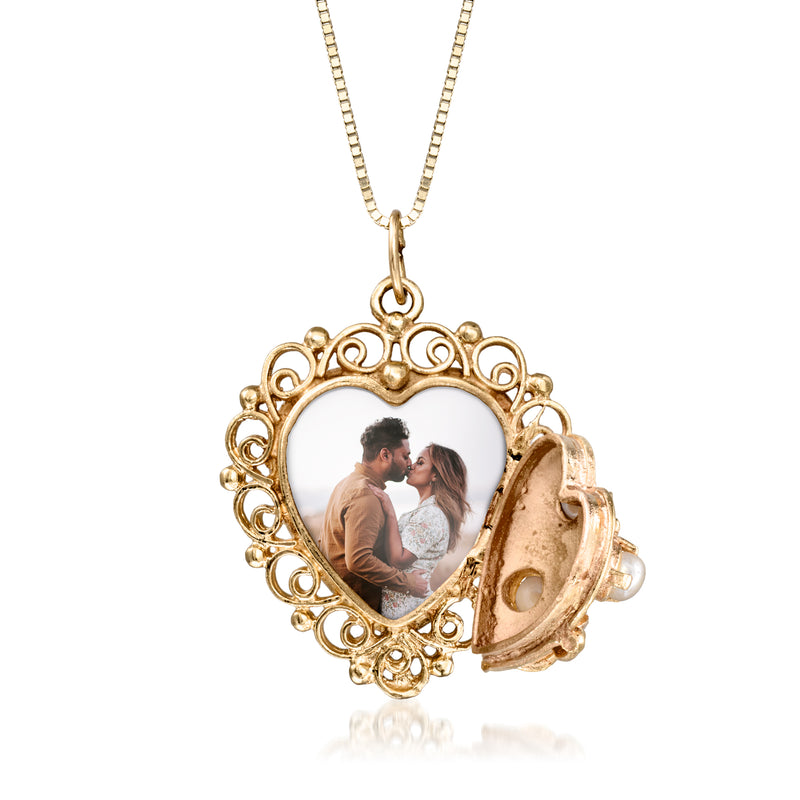 Open yellow gold heart locket necklace with photo window in hinged locket