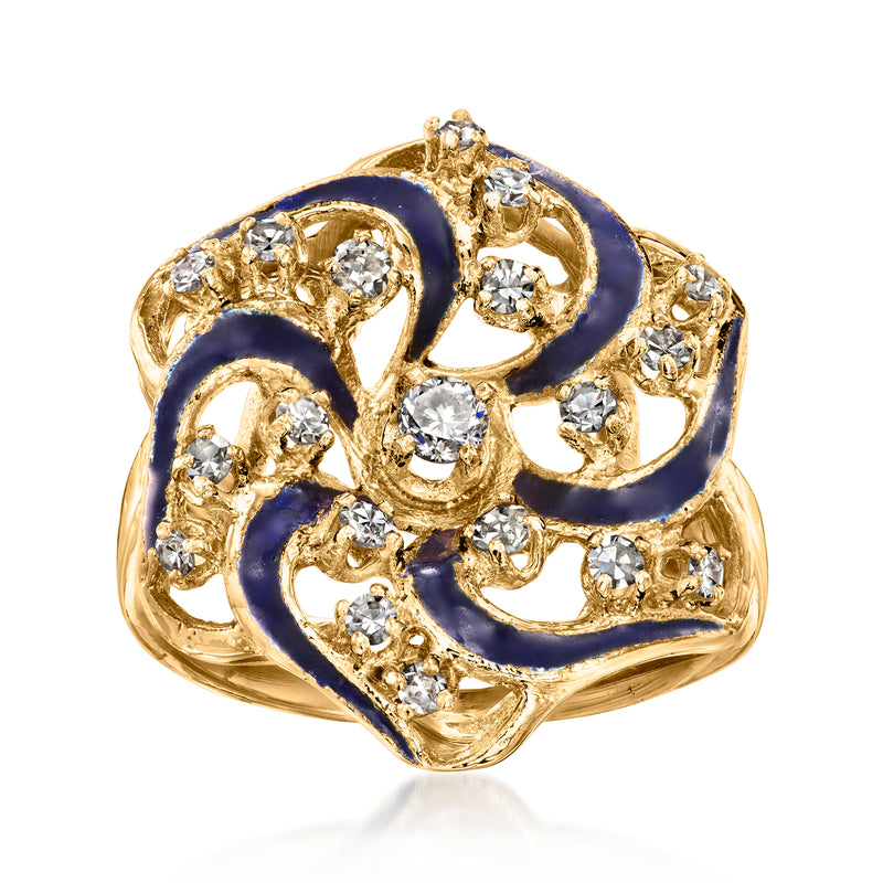 14kt yellow gold pinwheel ring with blue enamel and round diamonds, ornate openwork