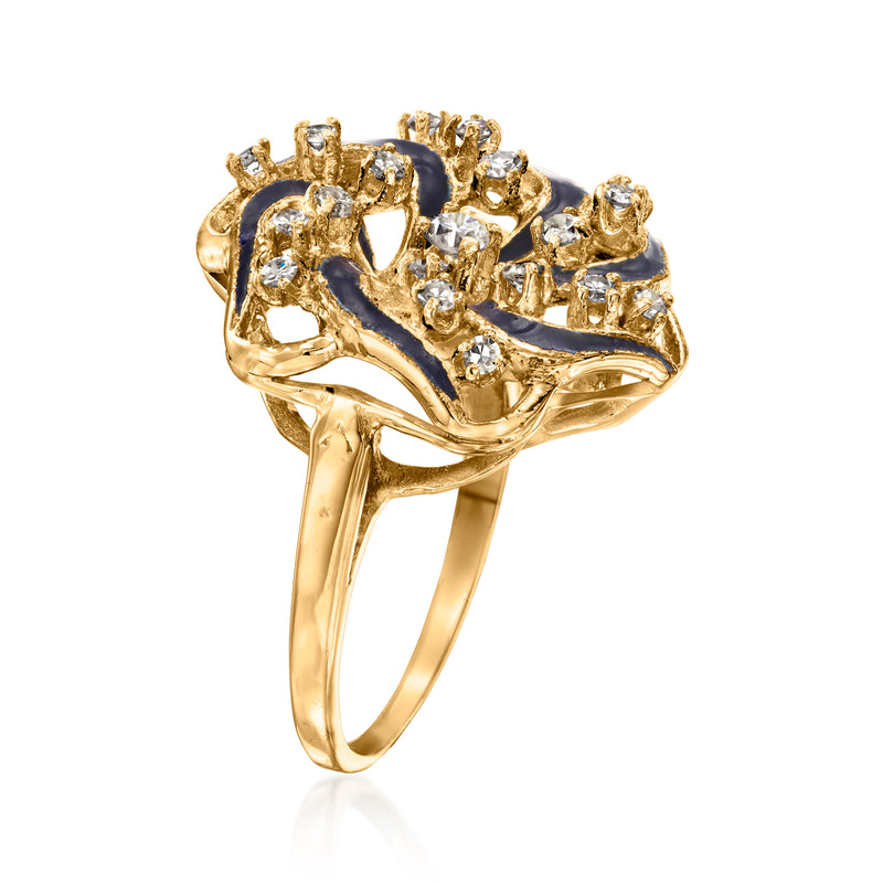 Side view: 14kt yellow gold pinwheel ring with blue enamel swirls and diamond settings