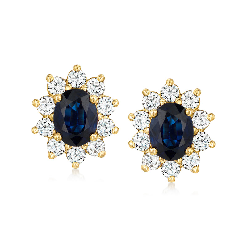 Yellow gold sapphire and diamond oval stud earrings with flower halo, post backs