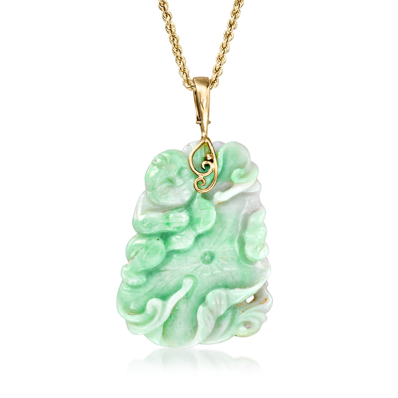 Gold chain necklace with green jade flower Buddha pendant, gold bail and scroll detail