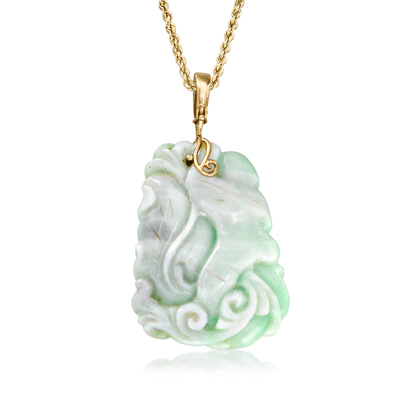 Yellow gold chain necklace with green-and-white jade Buddha pendant and gold scroll bail