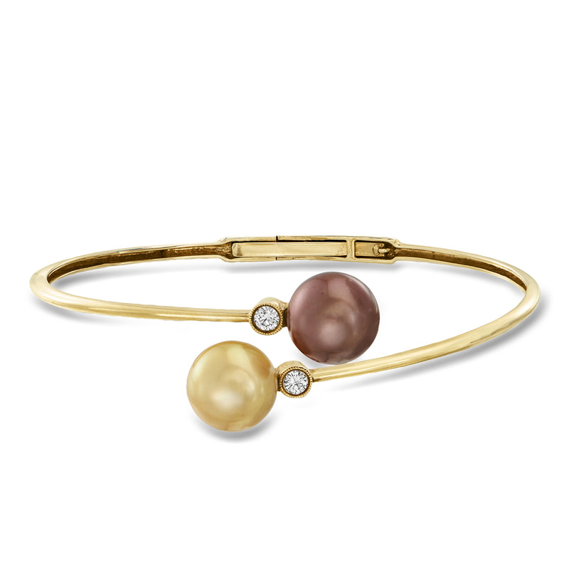 18kt yellow gold pearl bangle bracelet with champagne and brown pearls and diamond accents