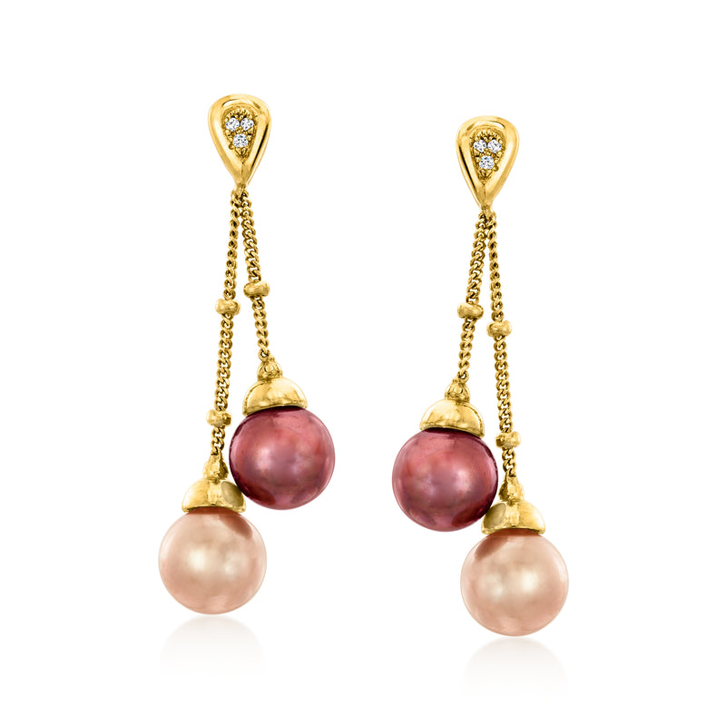 18kt yellow gold drop earrings with pink and maroon pearls and diamond accents