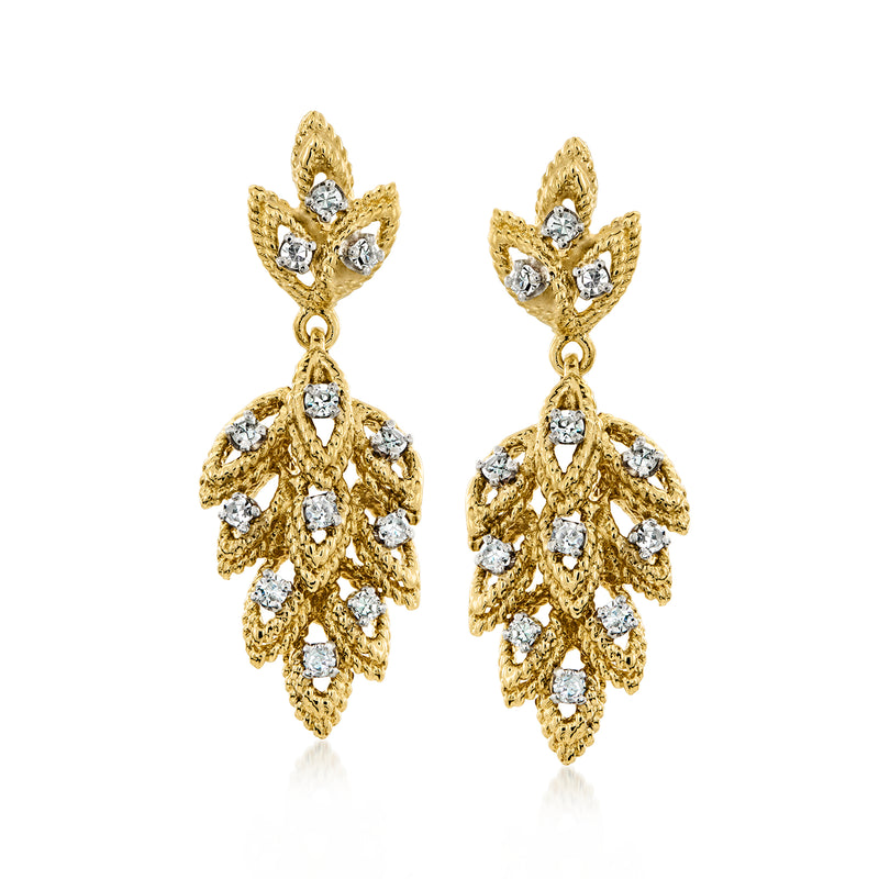 14kt yellow gold diamond leaf drop earrings with clustered stones