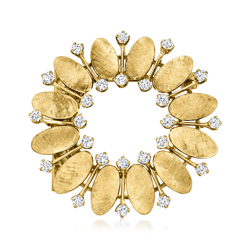 Vintage diamond flower pin in 18kt yellow gold, round diamond accents, openwork petals