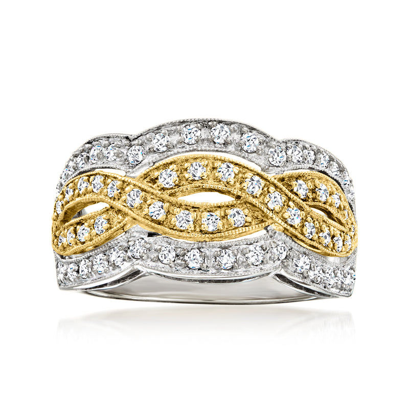 Two-tone gold diamond woven ring with arched ribbon design