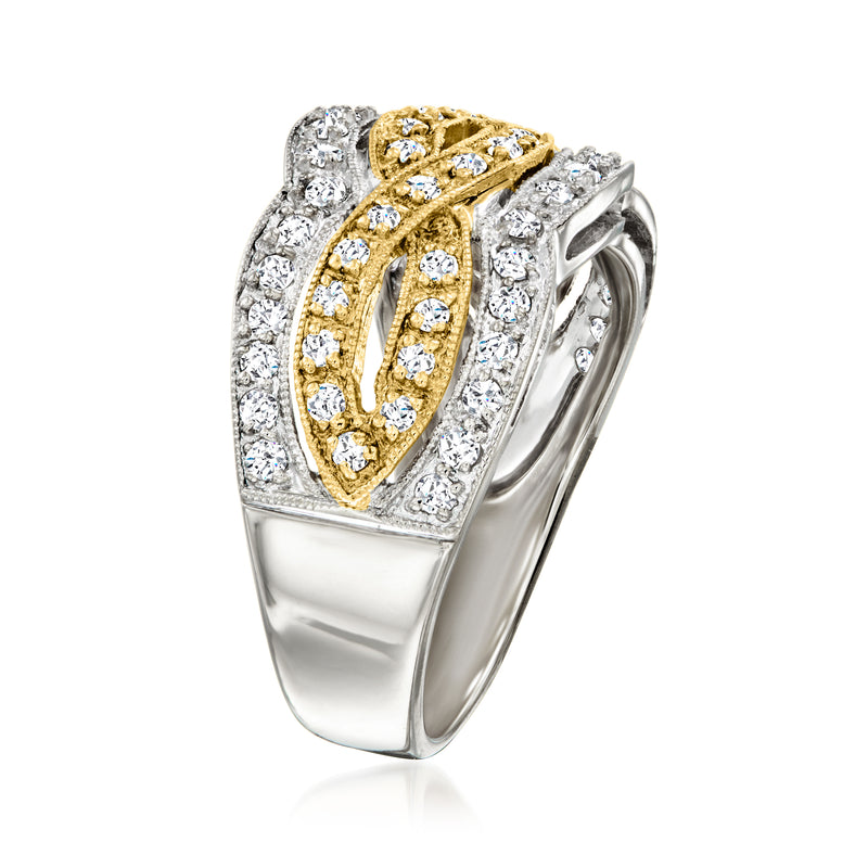 Two-tone gold diamond woven ring with curved yellow gold accents