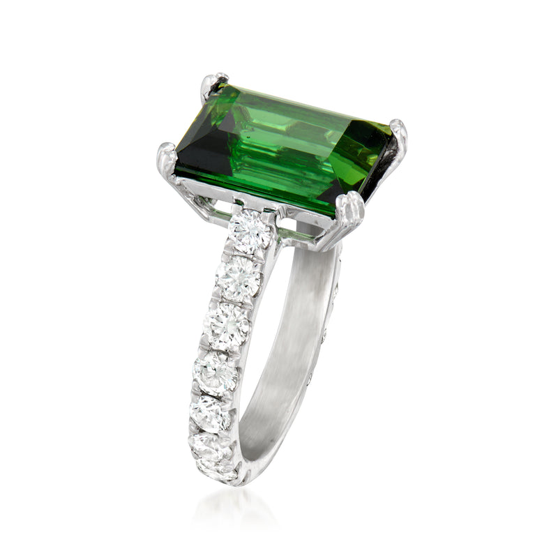 White gold ring with emerald-cut green tourmaline and diamond band accents
