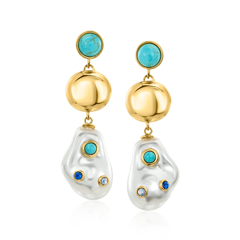 Gold-plated drop earrings with turquoise cabochons and white pearl teardrops