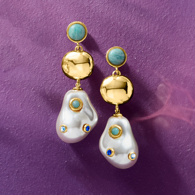 Gold drop earrings with turquoise top and white baroque pearl teardrops