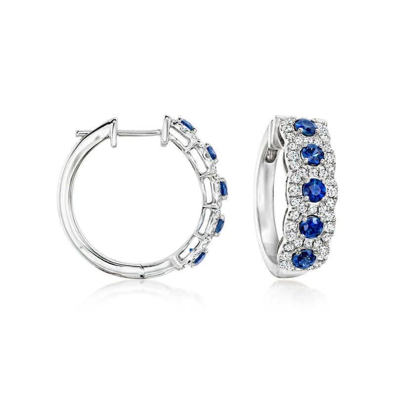 14kt white gold hoop earrings with sapphire and diamond inlay, blue stones visible