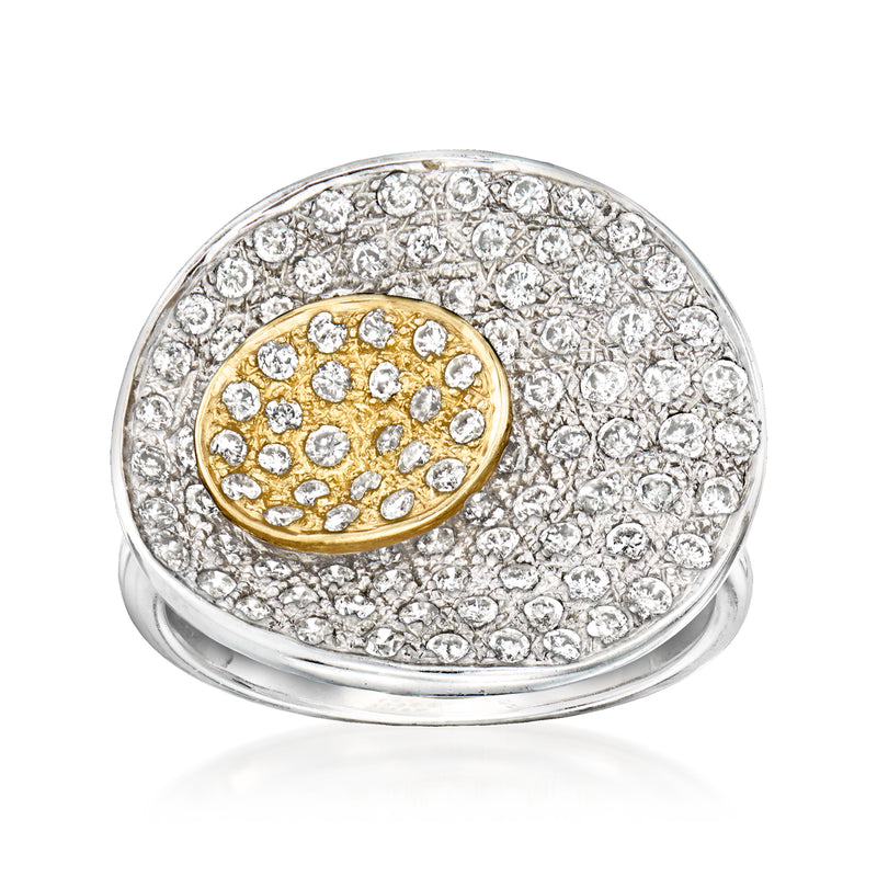 Two-tone gold diamond disc ring with pavé oval center