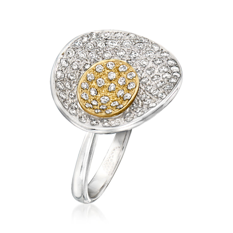 Two-tone gold diamond disc ring with pavé oval top