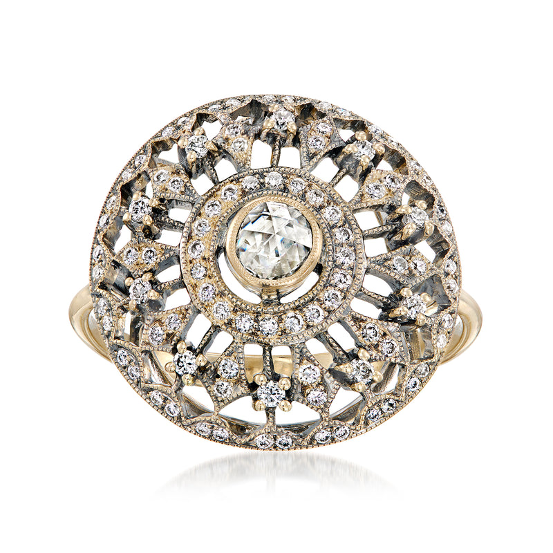 Vintage diamond openwork ring in 18kt yellow gold with round center diamond