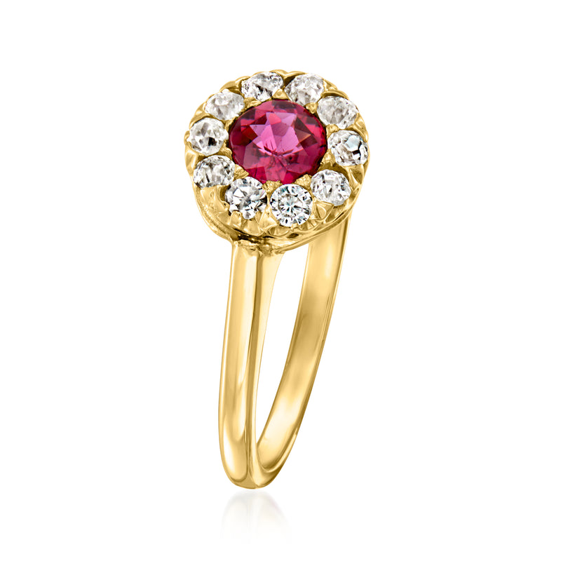 Vintage ruby and diamond halo ring, round pink center with diamonds on yellow gold band