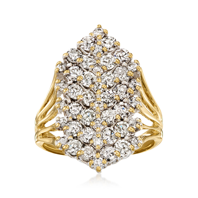 14kt yellow gold diamond cluster ring with round stones in a teardrop-shaped setting