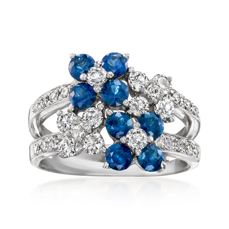 Vintage sapphire and diamond cluster ring with blue stones and white gold band