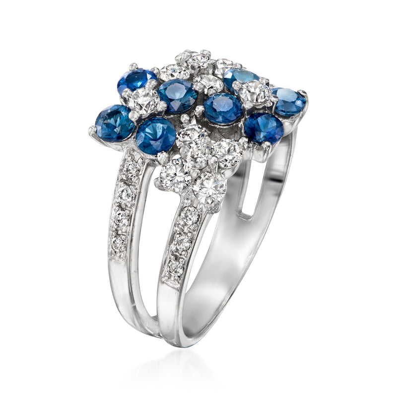 Vintage sapphire and diamond ring with round blue sapphires and white gold prongs