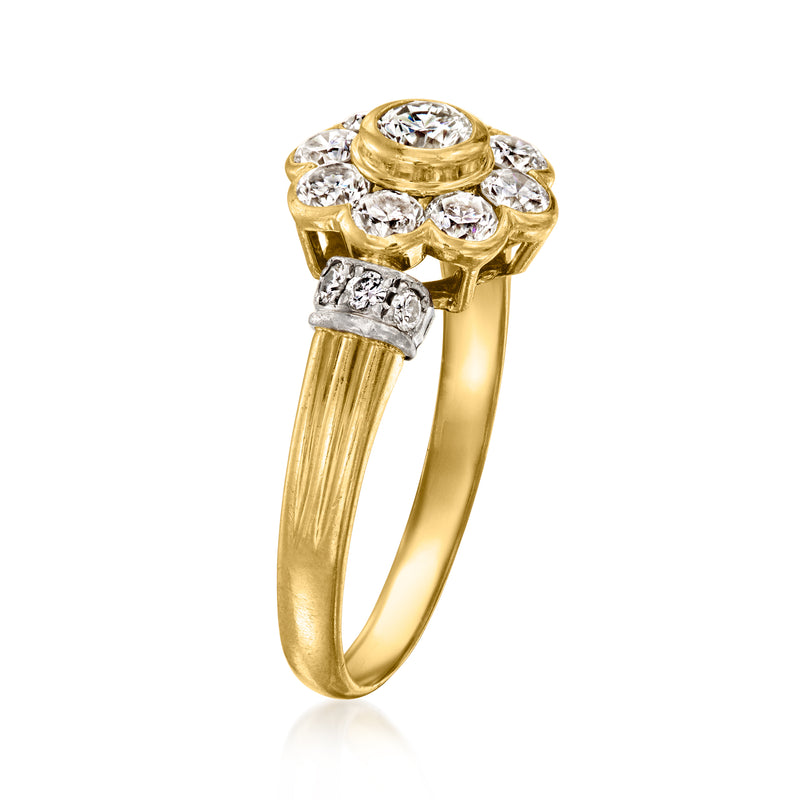 Diamond flower cluster ring with high-set stones, yellow gold band, side view