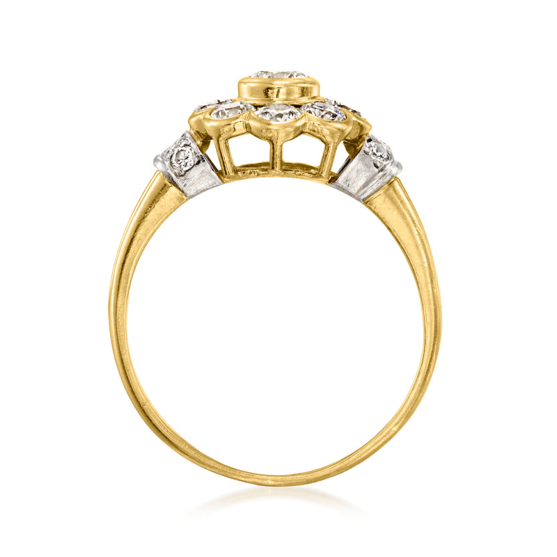 Diamond halo flower ring top view, yellow gold basket with platinum-toned details