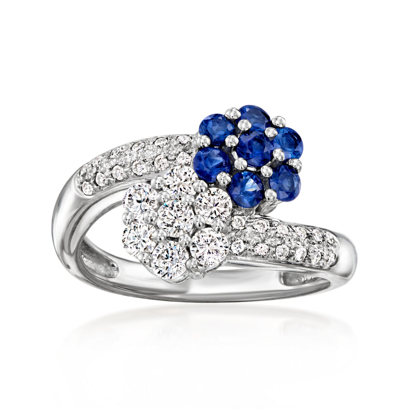 14kt white gold bypass ring with blue sapphire flower cluster and diamond accents