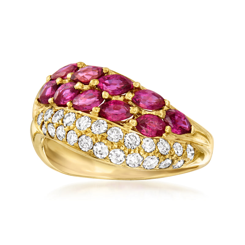 14kt yellow gold wave ring with pink ruby cluster and white diamond band