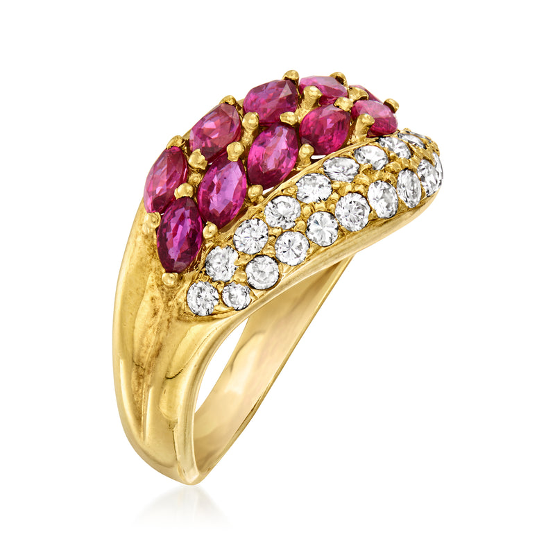 Yellow gold wave ring with pink ruby accents and round white diamond row