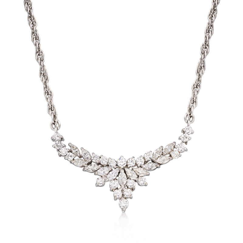 Platinum diamond necklace with V-shaped cluster pendant on silver link chain