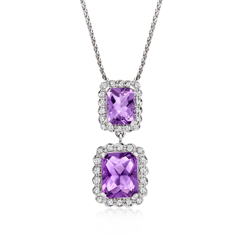 Amethyst and diamond double-drop necklace in white gold, square amethyst pendants with halos