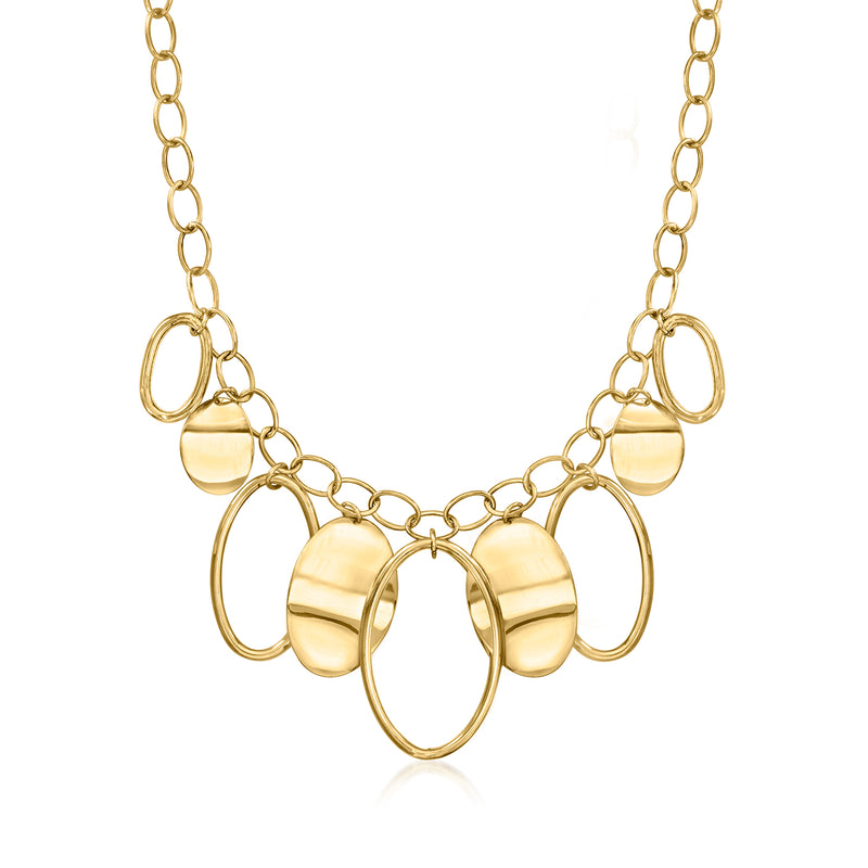 Yellow gold disc drop necklace with linked oval charms and hanging round discs