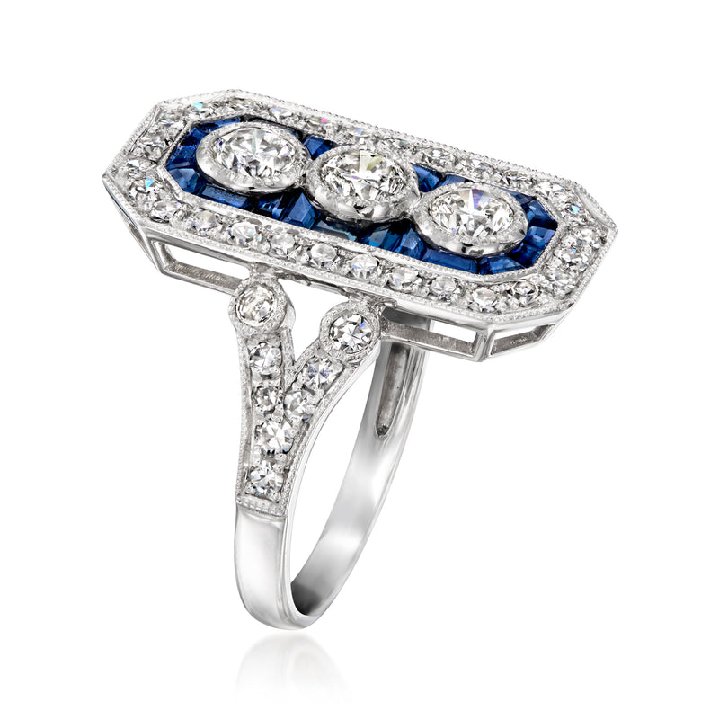 Platinum vintage diamond and sapphire ring, rectangular frame with three oval stones
