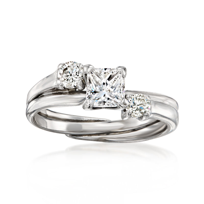 Vintage 14k white gold diamond ring with three-prong center square and round side stones