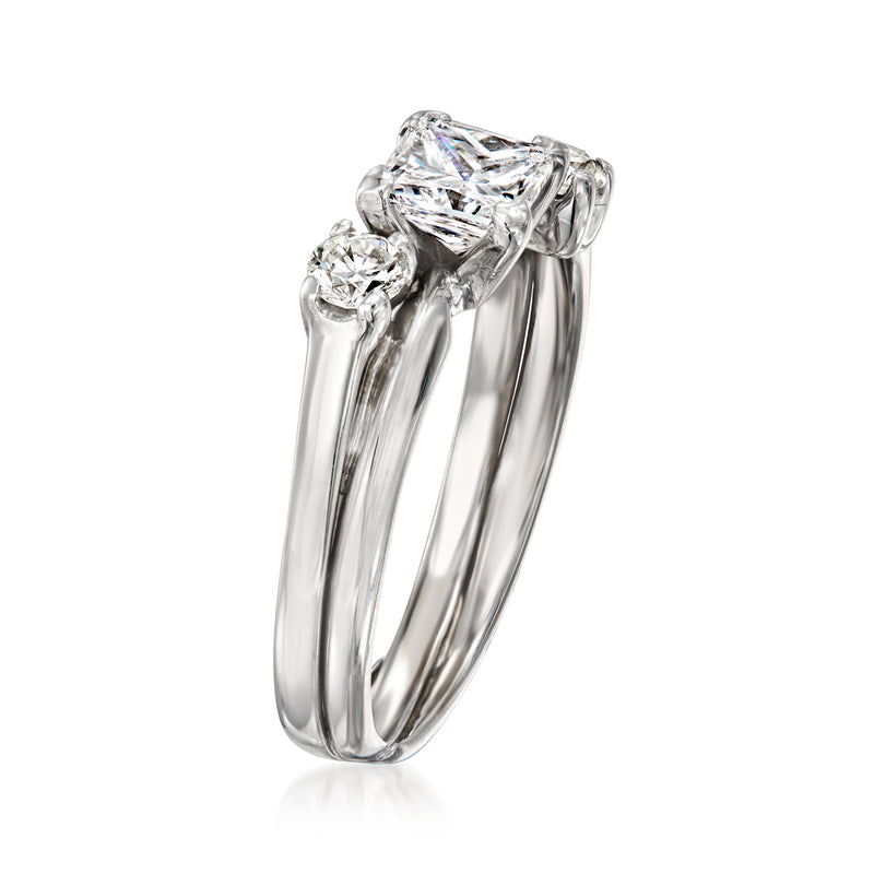 Vintage 14k white gold diamond ring, square center stone with curved three-stone band