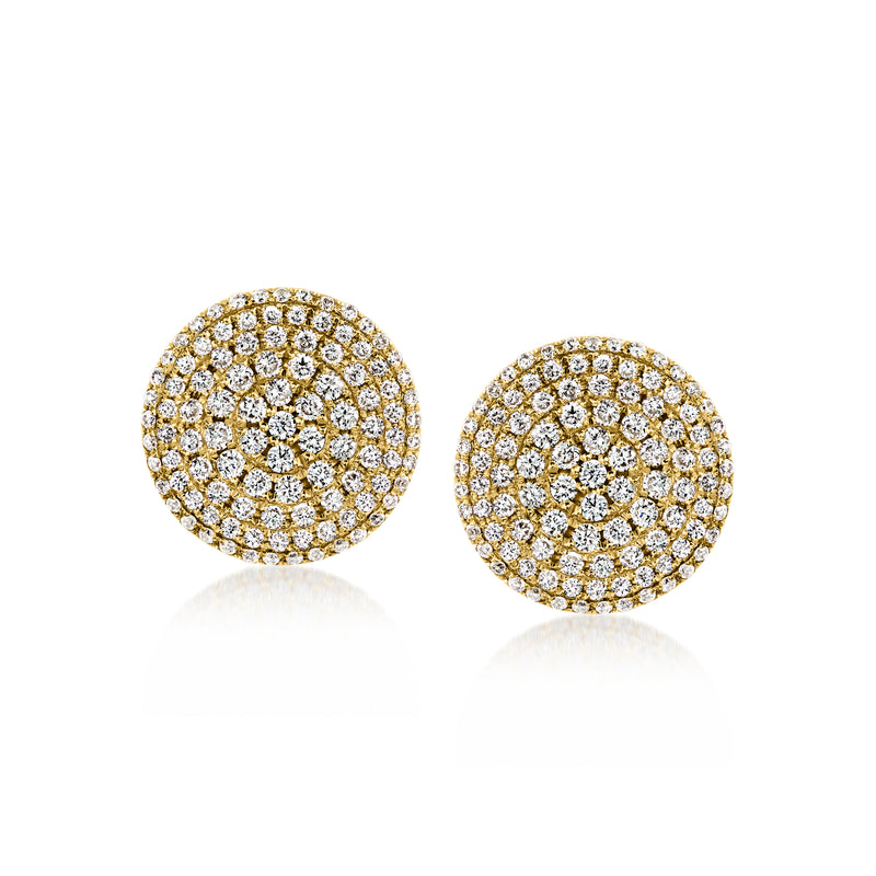 Pair of pavé diamond disc post earrings in 14kt yellow gold