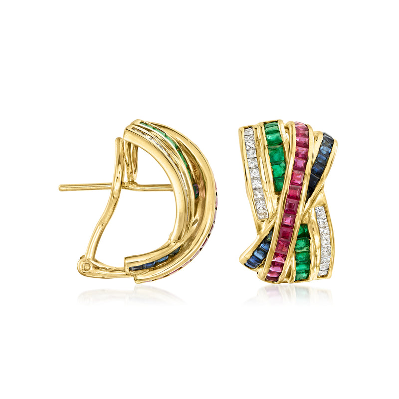 18k yellow gold curved clip earrings with multicolor gemstones and diamond accents