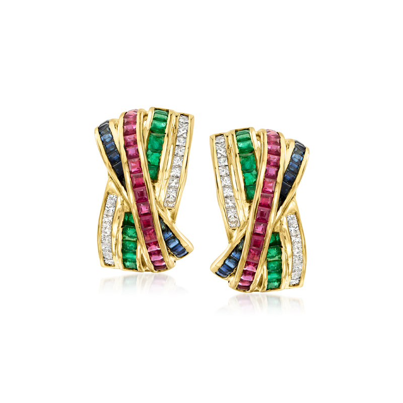 18k yellow gold multi-color gemstone clip earrings with sparkling diamond borders