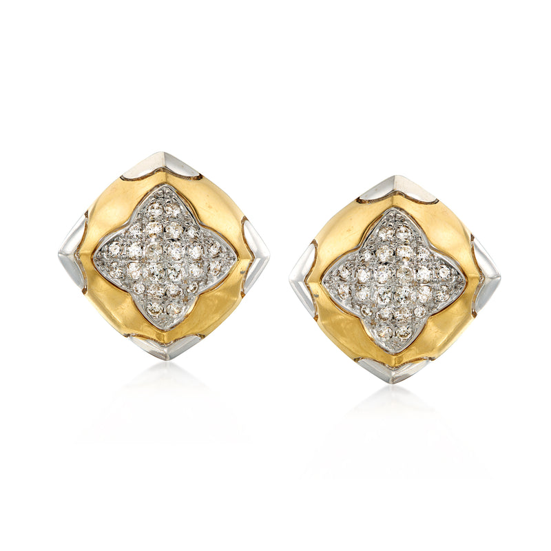 Two-tone gold diamond stud earrings with octagonal halo setting