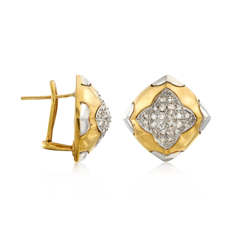 Two-tone gold diamond stud earrings, side view with post backing