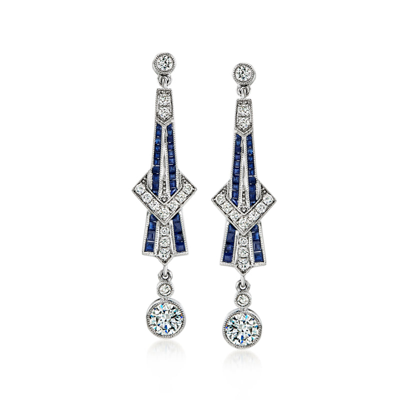 White gold diamond and sapphire drop earrings with geometric blue and clear stones