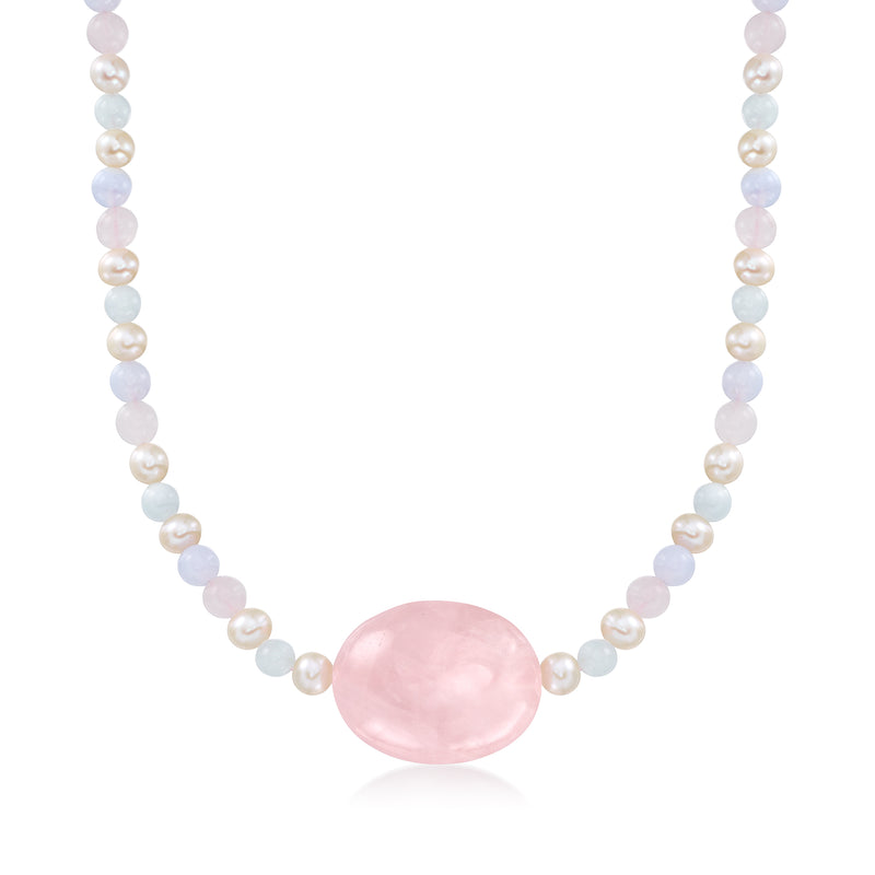 Pastel bead necklace with cultured pearls and oval rose quartz pendant