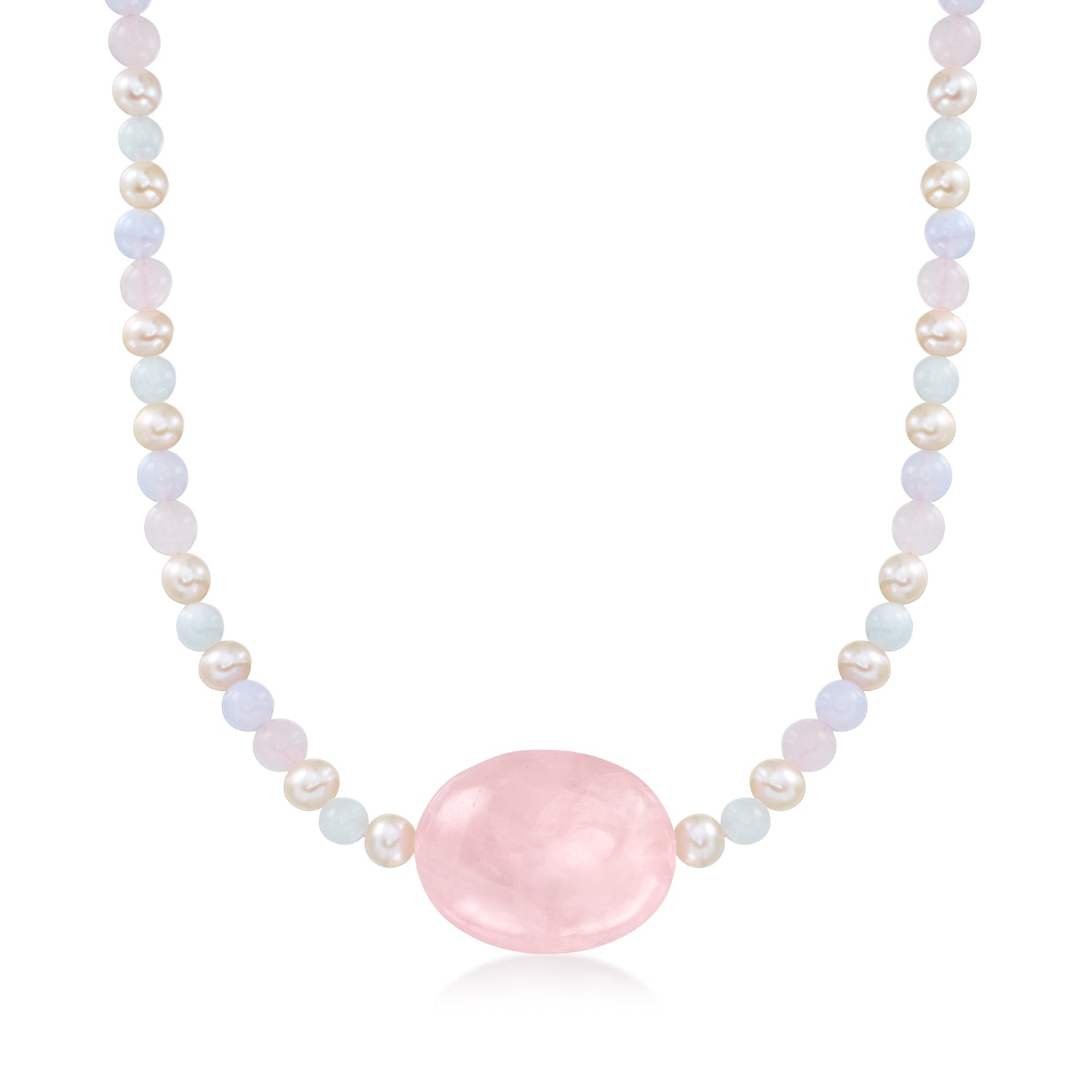 80.00 Carat Rose Quartz and 37.00 ct. t.w. Pastel Multi-Gemstone Bead Necklace with 6-6.5mm Cultured Pearls in 18kt Gold Over Sterling