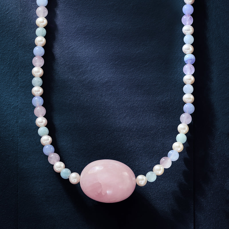 Pastel cultured pearl necklace with oval rose quartz center bead