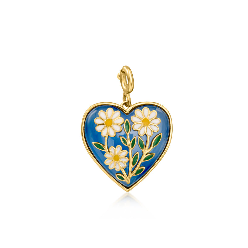 Gold heart charm with blue enamel and multicolored daisy flowers, hanging loop