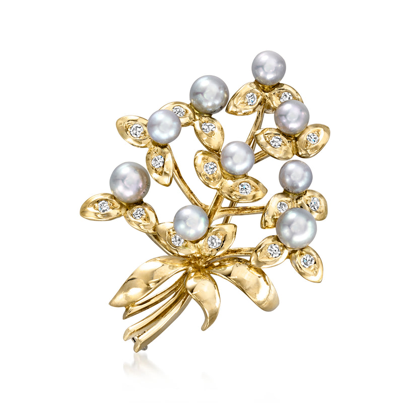 Yellow gold flower bouquet pin with gray cultured pearls and diamond accents