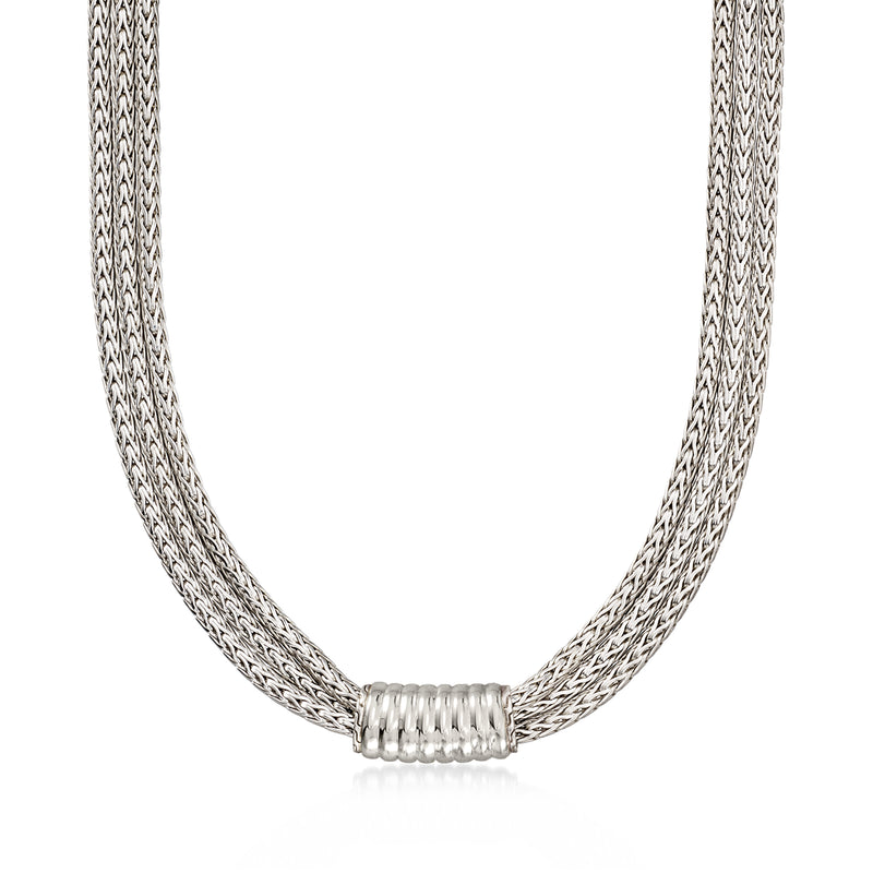 Multi-strand sterling silver necklace with sterling silver woven center clasp