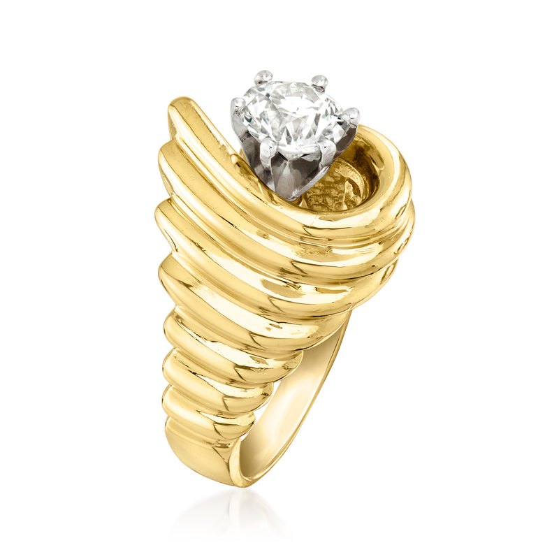 Scalloped yellow gold ring with round diamond centerpiece and curved ridged band