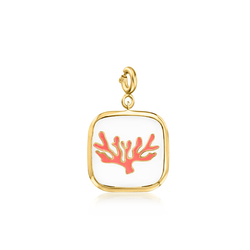 Gold coral reef enamel charm with red coral detail and white square background