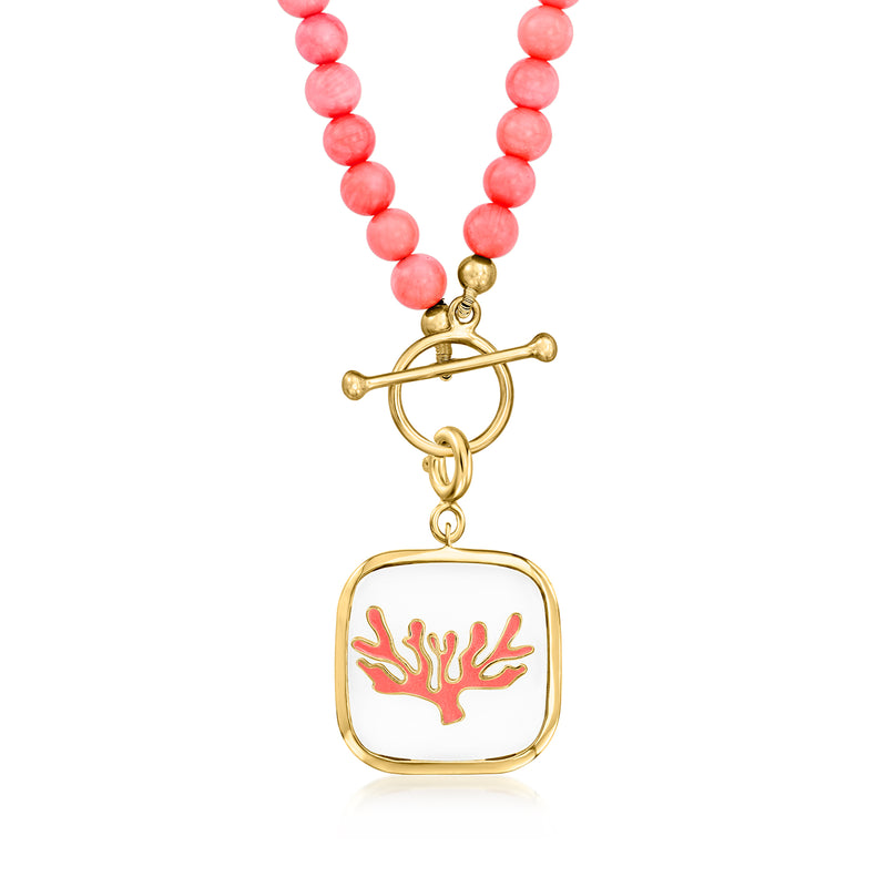 Gold coral reef enamel charm with red bead strand and white square face