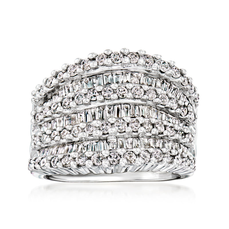 Diamond multi-row ring in white gold, mixed round and baguette stone rows
